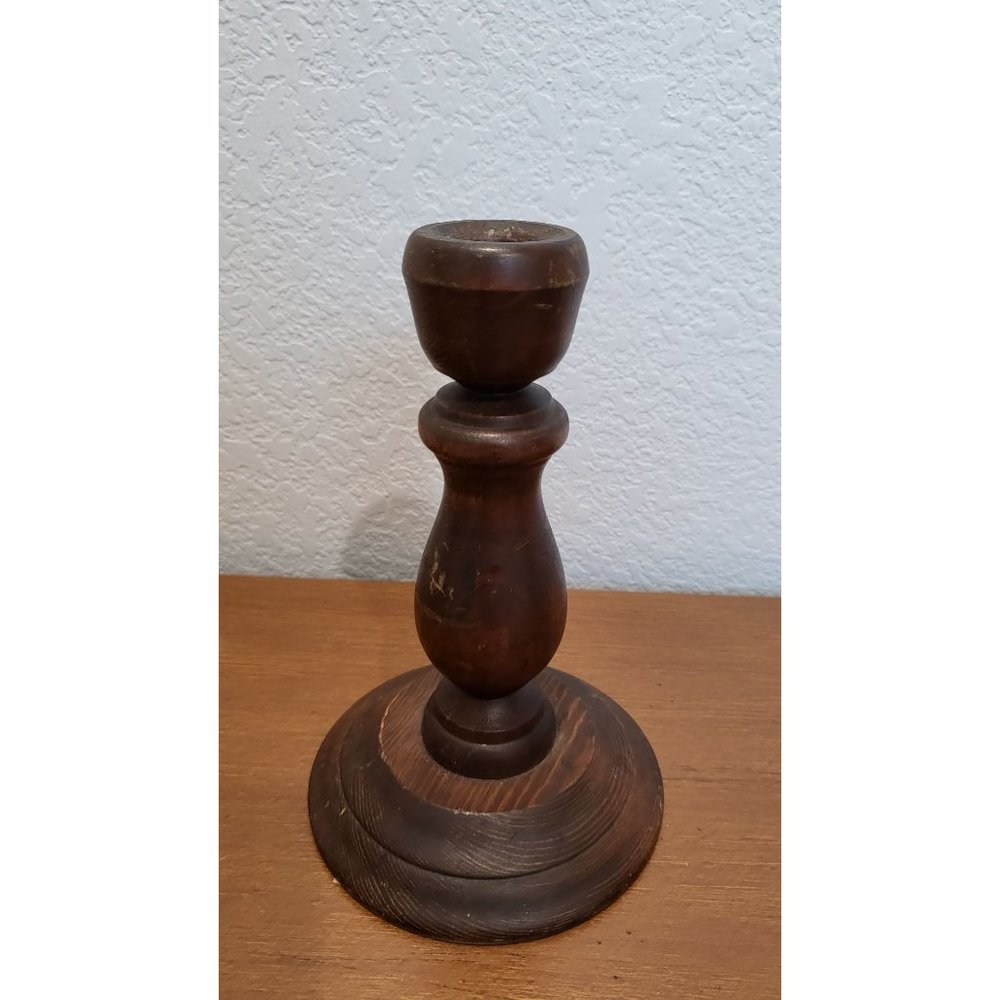 Turned wood candle stick old shows some wear‎
